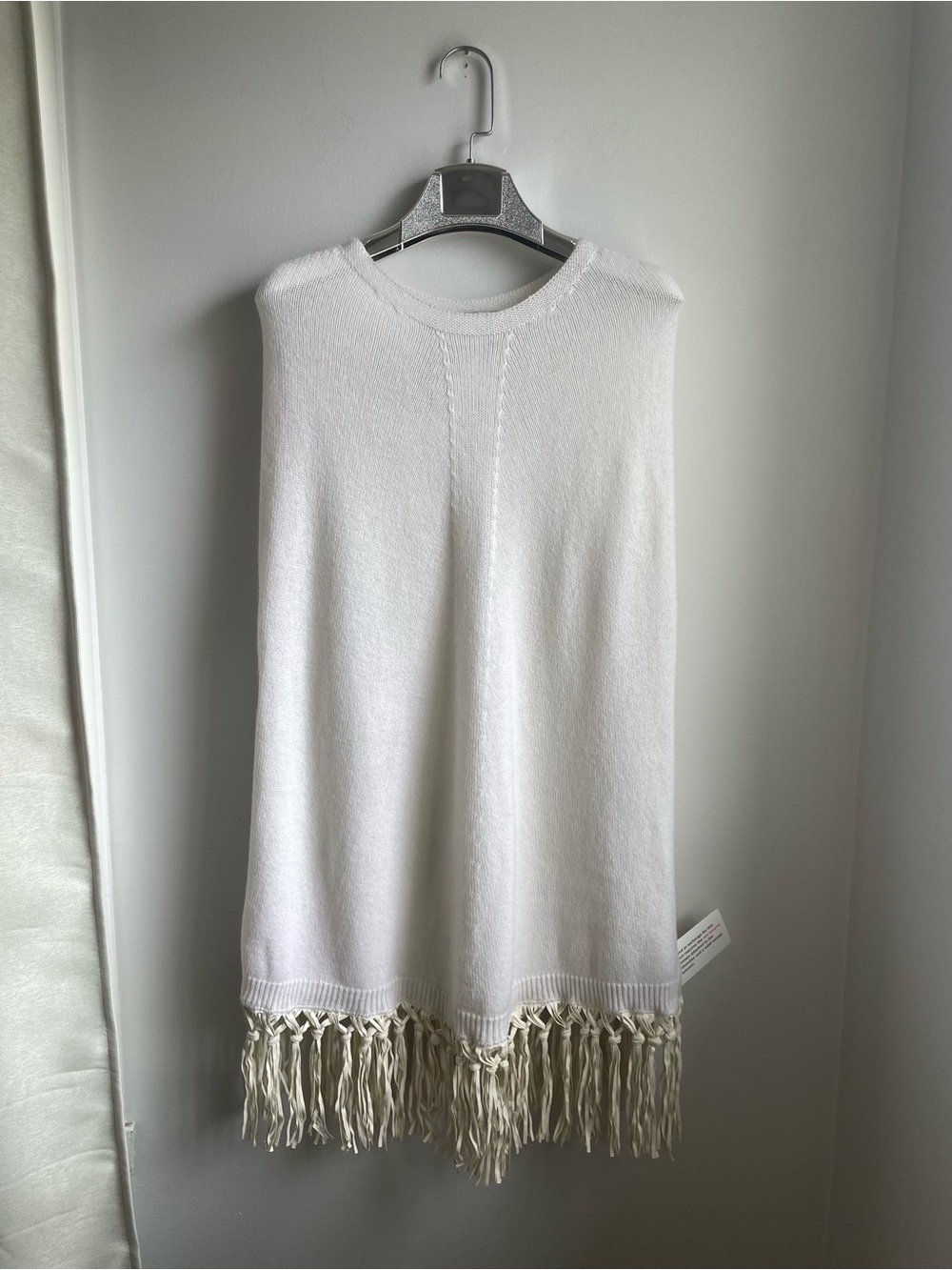 NWT Pinotti White Knit Poncho-Wool-Cashmere-Leather Fringe-Retails 199$-made 🇮🇹